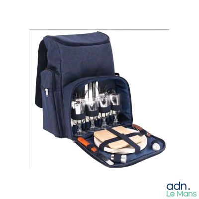 a blue backpack with wine glasses and plates in it