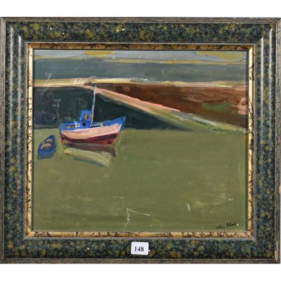 une peinture à l'huile représentant un bateau sur un champ vert, avec le ciel en arrière-plan