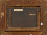 an old picture of a wooden frame with a label on it
