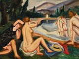 un tableau représentant un groupe de personnes nues assises dans l'herbe