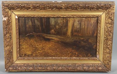 une peinture à l'huile représentant une scène de forêt avec un arbre tombé au premier plan