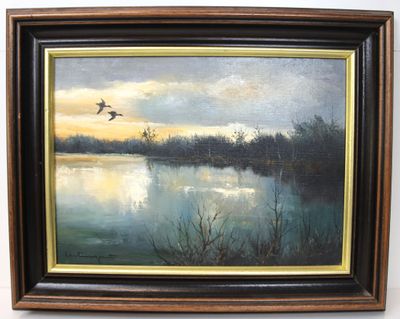 an oil painting of ducks flying over a lake at sunset