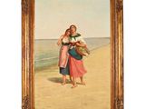 un tableau représentant deux femmes sur la plage avec un panier