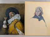 deux tableaux représentant un homme et une femme avec un verre de vin