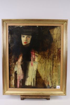 portrait d'une femme coiffée d'un chapeau noir, accompagnée d'un chat, d'après un tableau