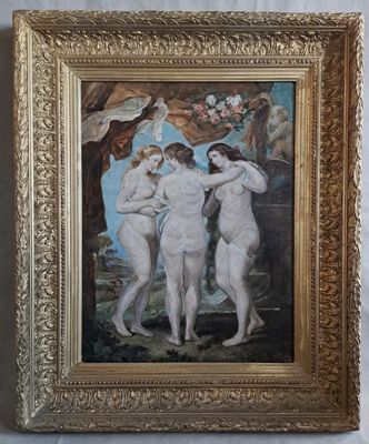 une image représentant un tableau sur lequel figurent trois nus debout devant un autre tableau