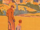 a painting of a man and a woman sitting on a hill