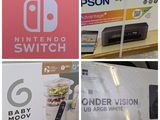 quatre photos différentes de boîtes de Nintendo Switch et d'une manette Nintendo Wii