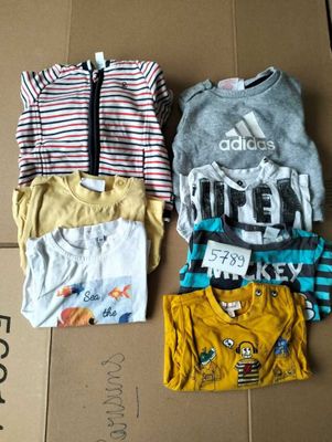 a lot of clothes that are on a cardboard box