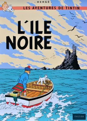 la couverture du livre *L'Île noire*, sur laquelle figurent un homme dans un bateau et un chien