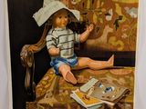 tableau représentant un petit garçon assis sur une chaise, coiffé d'un chapeau