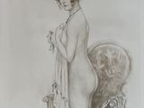 une image représentant le dessin d'une femme debout à côté d'une chaise