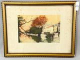 an image of a painting of a house and a river