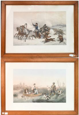 deux gravures encadrées représentant un homme à cheval et un chien poursuivant un autre chien
