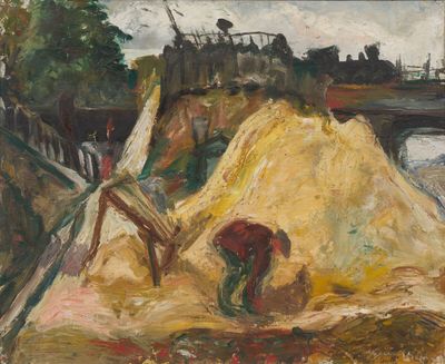 tableau représentant un homme travaillant sur un tas de sable au bord d'une rivière