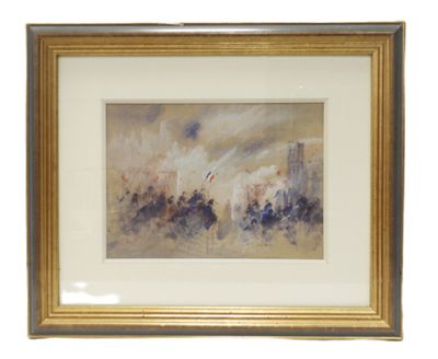framed watercolor painting of a city scene with buildings and people