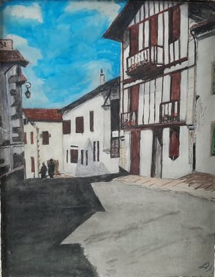 painting of a street scene with buildings and a person walking down the street