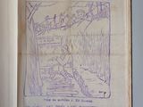 an old book with a drawing of a man on a bench