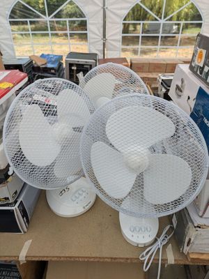 plusieurs ventilateurs blancs posés sur une boîte en carton sous une tente