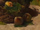 a painting of a basket of peaches on a table