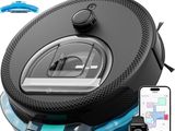 an image of a black and blue robotic vacuum cleaner with a remote control