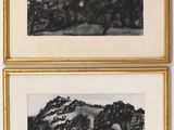 two black and white drawings of trees and mountains in a gold frame