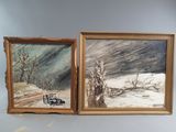 pair of oil paintings of a snowy landscape with a truck