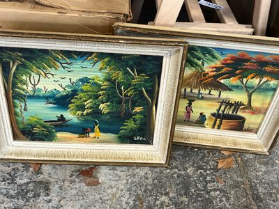 painting of a tropical scene with a man and a woman by a river
