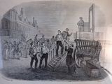 illustration représentant un groupe d'hommes rassemblés autour d'une charrette, sur laquelle se tient un homme debout
