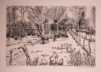 drawing of a black and white picture of a park with ducks