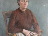painting of a woman sitting in a chair with a dog