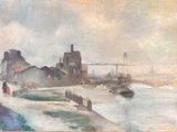 painting of a view of a harbor with boats and a bridge