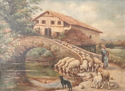a painting of a man with a dog and a herd of sheep