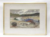 tableau représentant un bateau sur la plage, avec un homme debout à côté