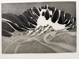 painting of a zebra standing on top of a hill with a mountain in the background