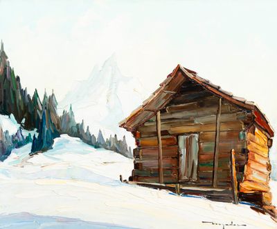 un tableau représentant une cabane dans la neige, avec une montagne en arrière-plan