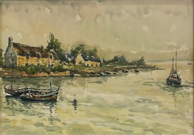 un tableau représentant un bateau sur l'eau près d'un village