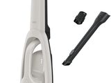 the vacuum is white and has a black handle