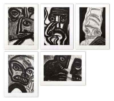 six black and white drawings of a man and a woman and a cat