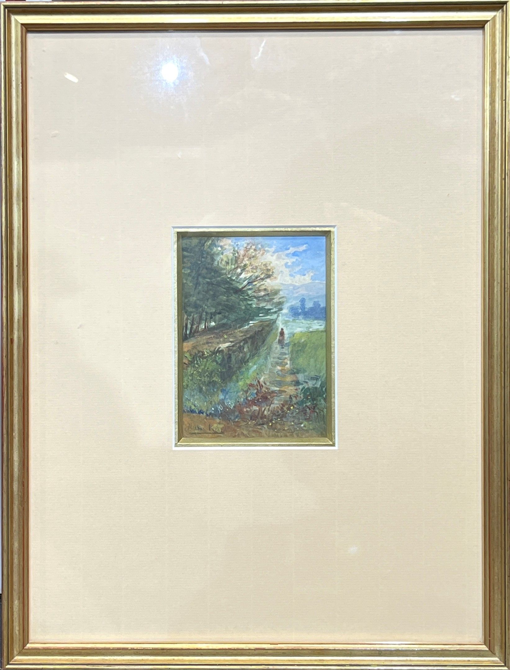 Mathis PICARD (1854-1938). Le chemin animé. Aquarelle. Signé en bas à gauche. 12 x 9 cm. Encadré sous verre.
