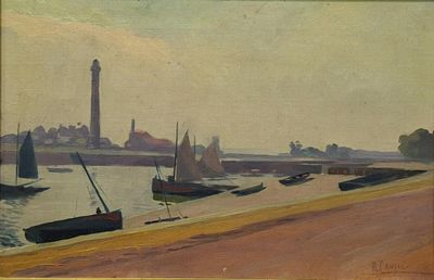 a painting of boats on the water near a lighthouse