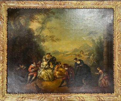 une peinture à l'huile représentant un groupe de personnes dans un cadre boisé