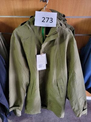 three jackets hanging on a hanger with a price tag