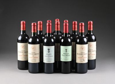 six bouteilles de vin rouge alignées