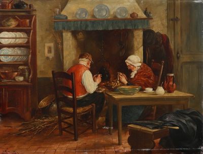 painting of two people sitting at a table in front of a fireplace