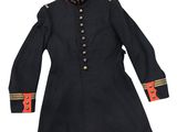 a black coat with red trims and buttons on a white background