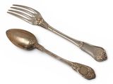 pair of antique silverware spoons and fork on a white background