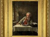painting of an old man sitting at a table with a glass of wine