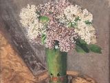 a painting of a vase of flowers on a table
