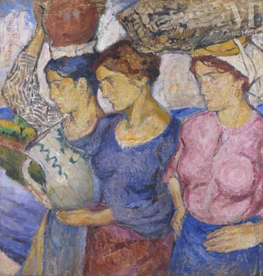 an image of a painting of a group of people holding a ball
